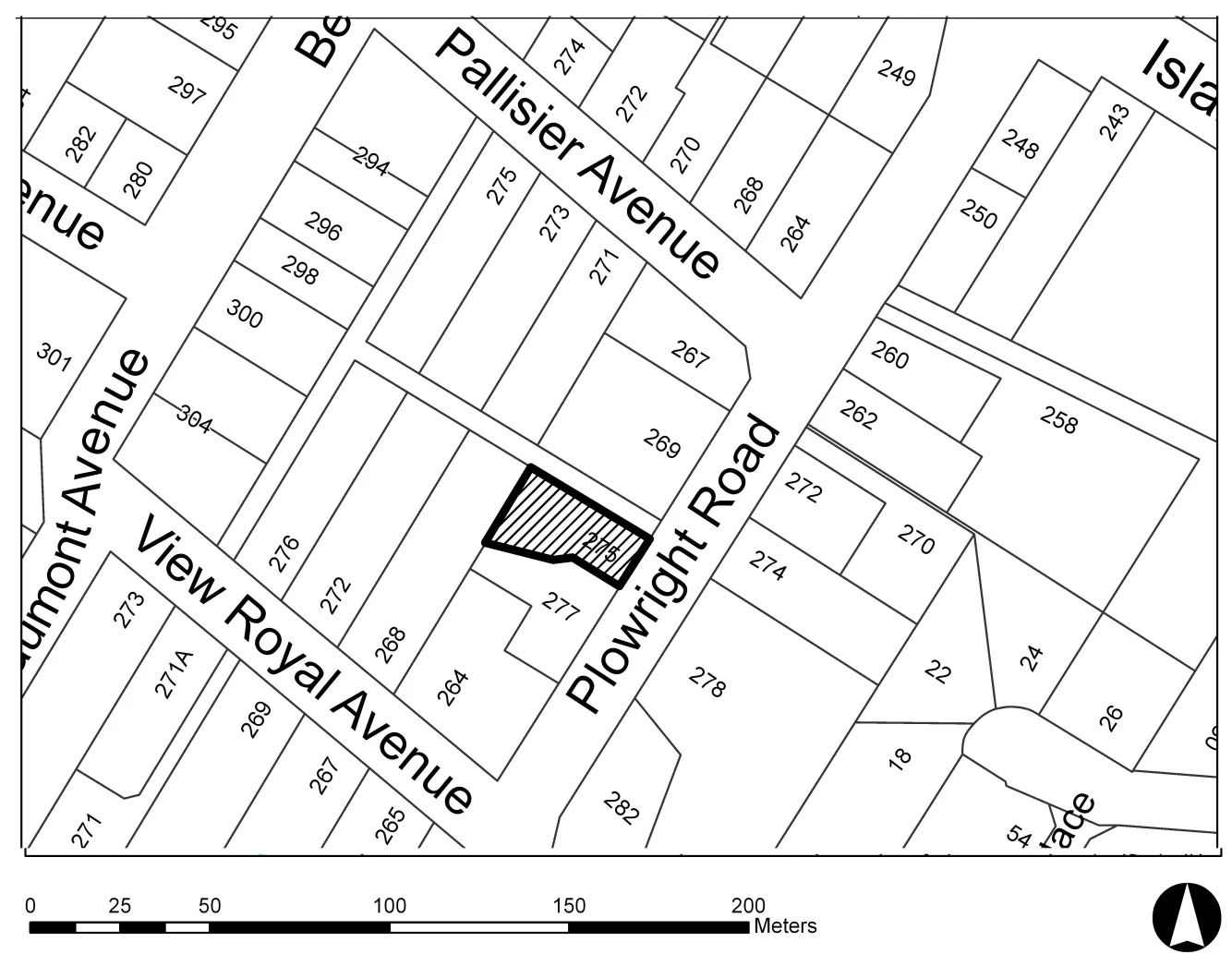 Subject property map showing 275 Plowright Road and surrounding streets including Pallisier Avenue, View Royal Avenue, and Plowright Road.