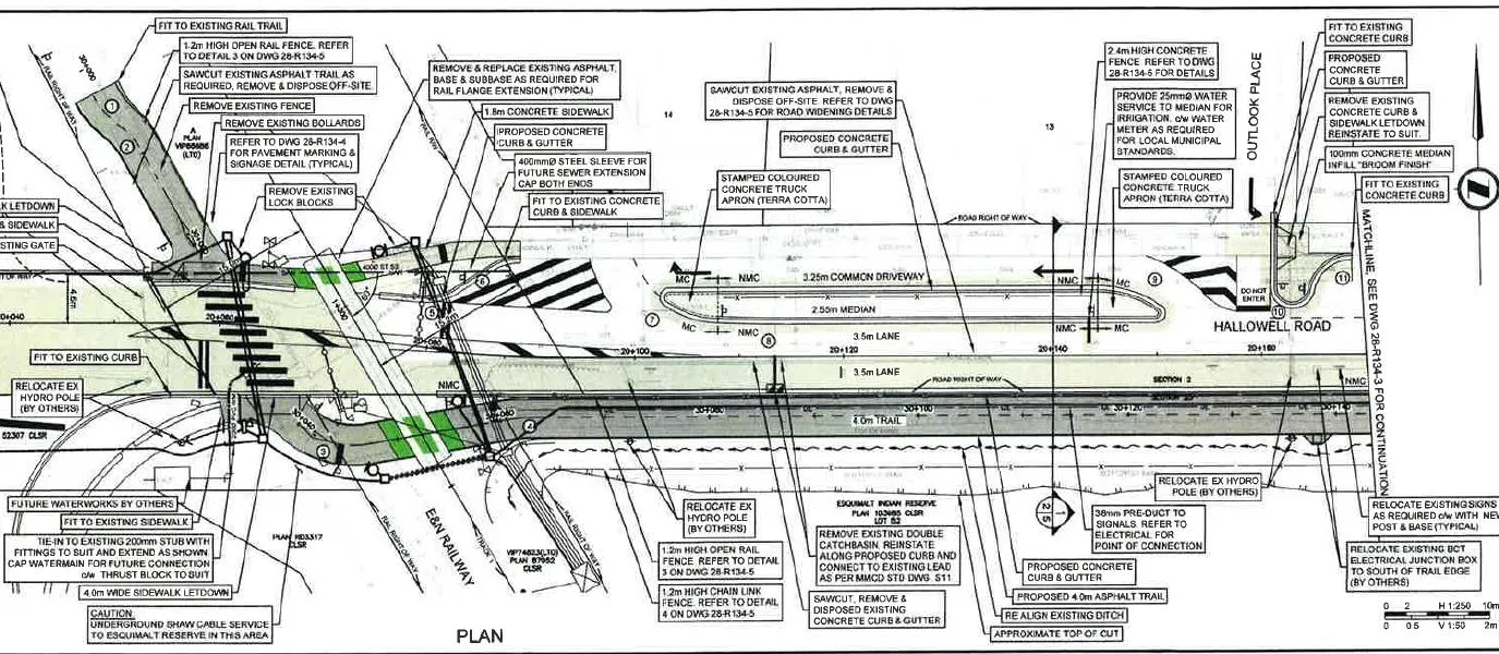 Detailed engineering plan for road, rail, and trail improvements including curb, gutter, sidewalk, and fencing specifications.