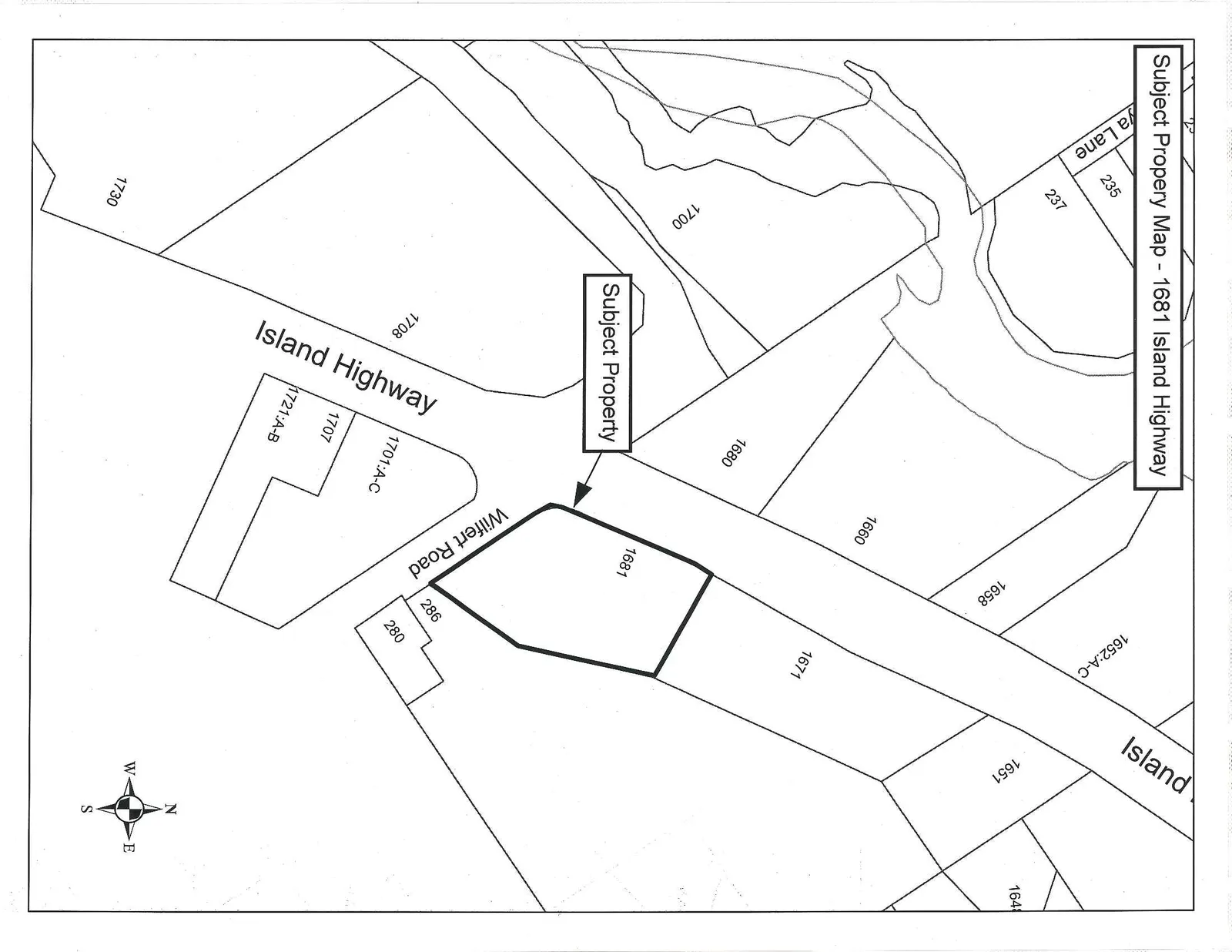 A property map identifying the Subject Property at 1681 Island Highway, located at the corner of Island Highway and Wilfert Road. The map shows surrounding parcel numbers including 1680, 1671, 1708, 1701:A-C, 286, and 280, with a north-oriented compass rose in the bottom right corner.