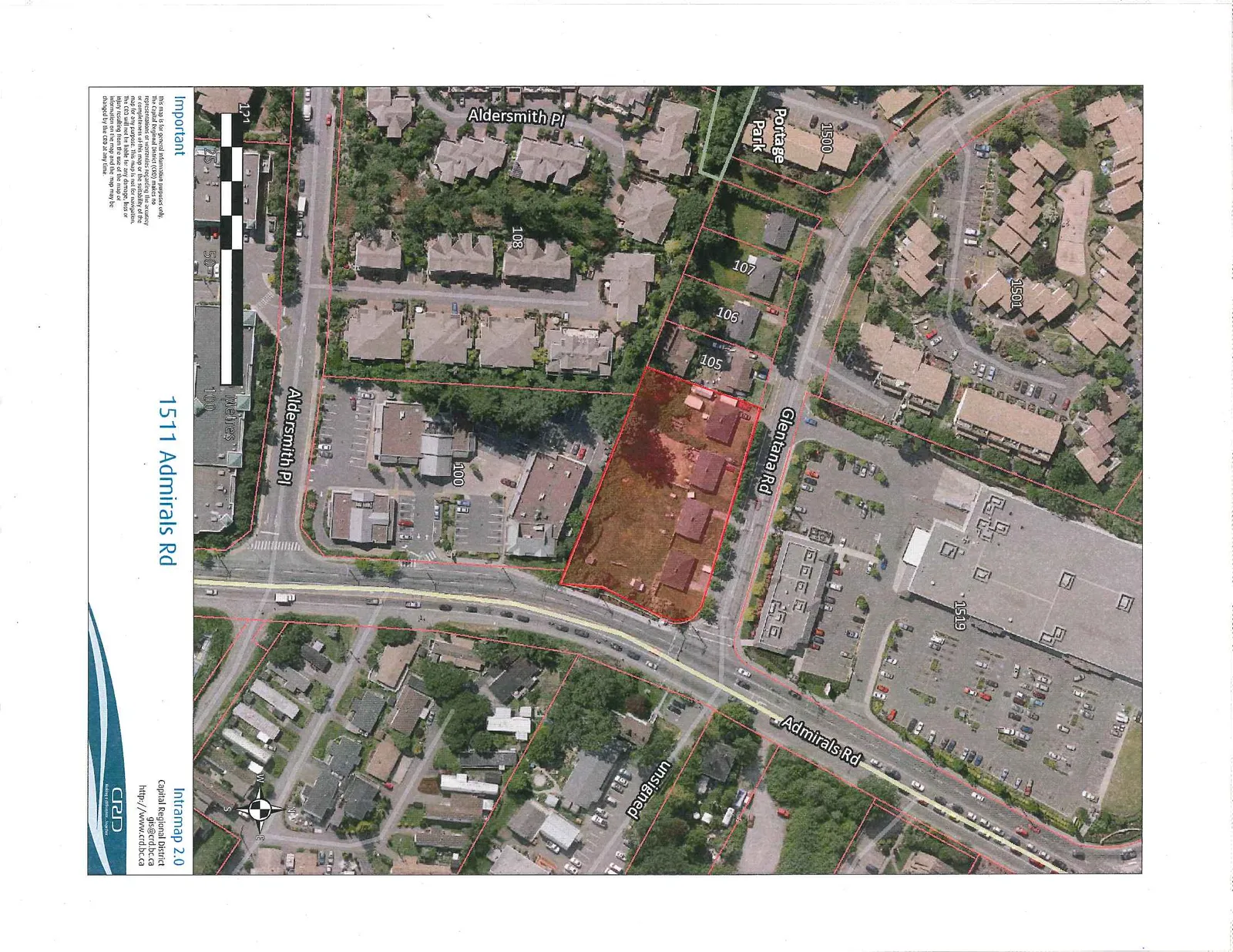 Aerial map showing 1511 Admirals Rd and surrounding properties. The map labels street names including Admirals Rd, Glentana Rd, and Aldersmith Pl, along with property numbers and "Portage Park." A specific lot along Glentana Rd is highlighted in red.
