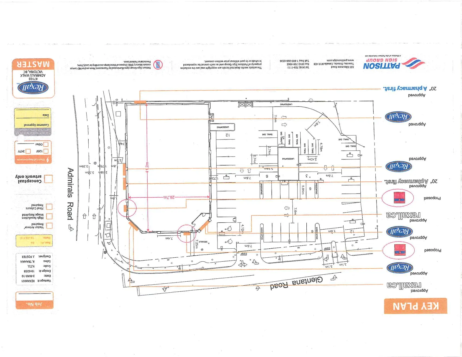 Site plan for Rexall location #7103 at Admirals Walk, Victoria, BC. The plan illustrates the building footprint (41.2m x 26.7m), parking lot layout including small car stalls and landscaping zones, and the surrounding streets Glentana Road and Admirals Road. Callouts indicate the specific locations for various approved and proposed signage types.