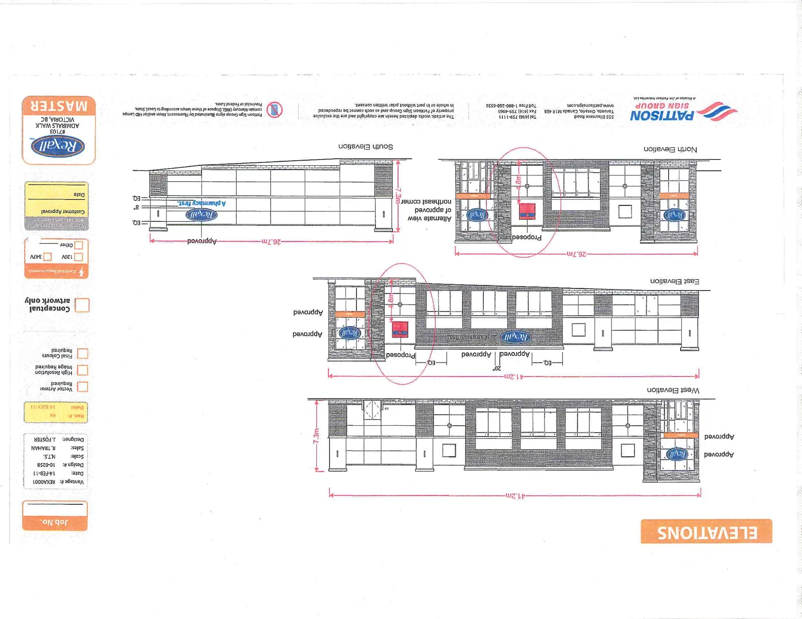 Technical drawing illustrating building elevations and signage placements for a Rexall store located at Admirals Walk, Victoria, BC. The drawing includes West, East, North, and South elevations with dimensions and labels for approved and proposed signage.