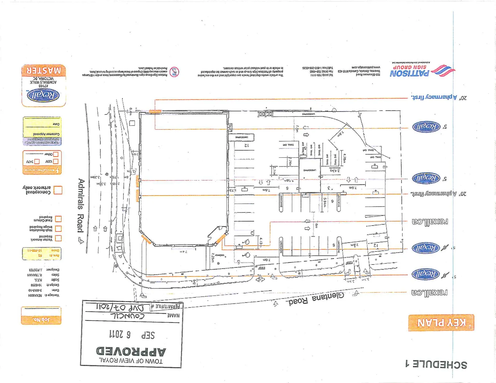 Site plan for a Rexall pharmacy located at the corner of Admirals Road and Glentana Road, indicating locations for building-mounted signage including "Rexall", "rexall.ca", and "A pharmacy first."