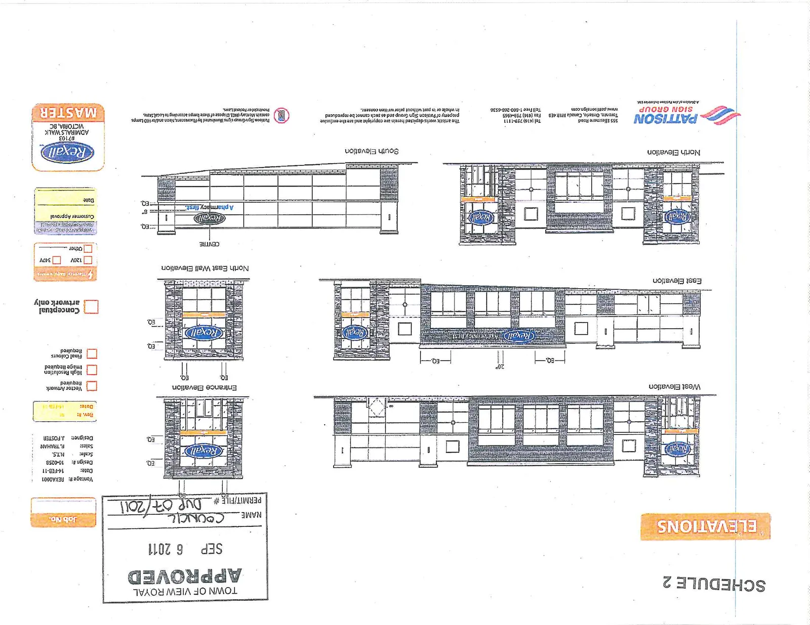 West Elevation architectural rendering showing building side with Rexall signage