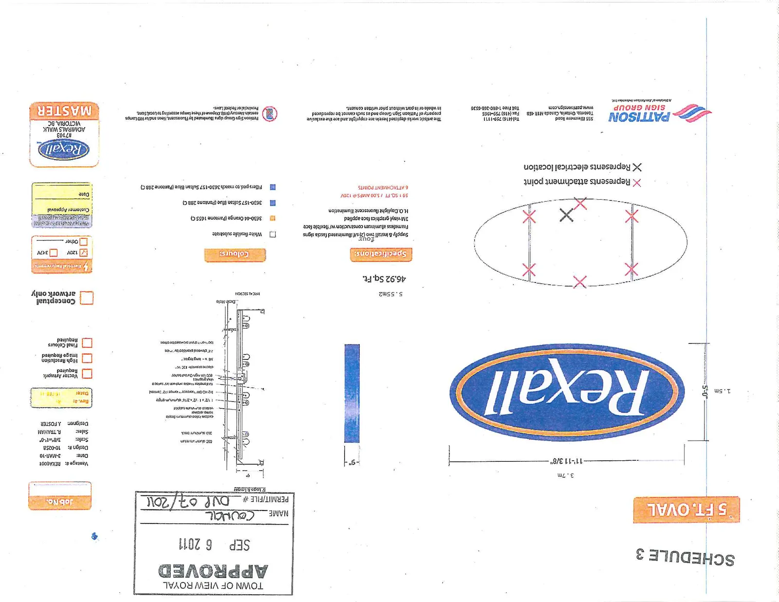 Full-page technical specification sheet for a Rexall oval sign, including renderings, diagrams, and project details
