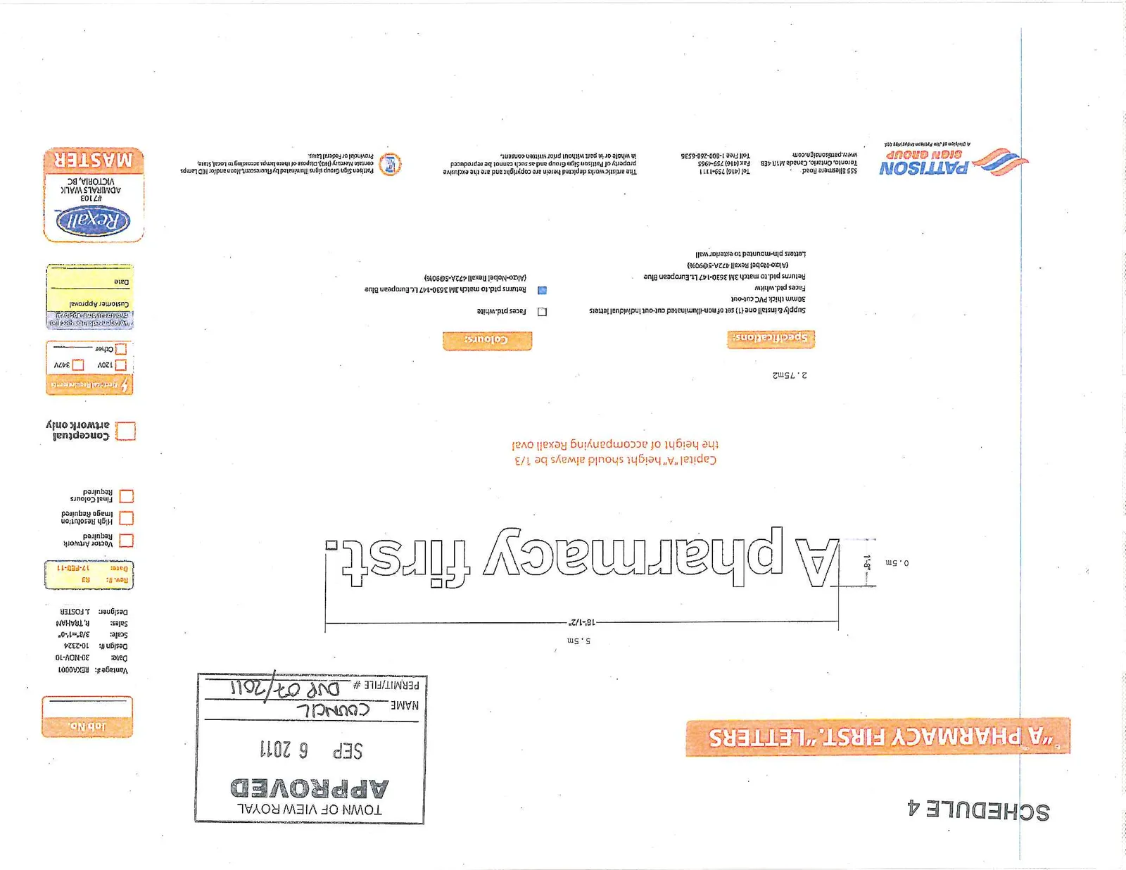 Technical drawing of "A pharmacy first." signage displaying dimensions of 5.5m (18'-1/2") in length, 0.5m height for lowercase letters, and 1'-8" height for the capital "A".