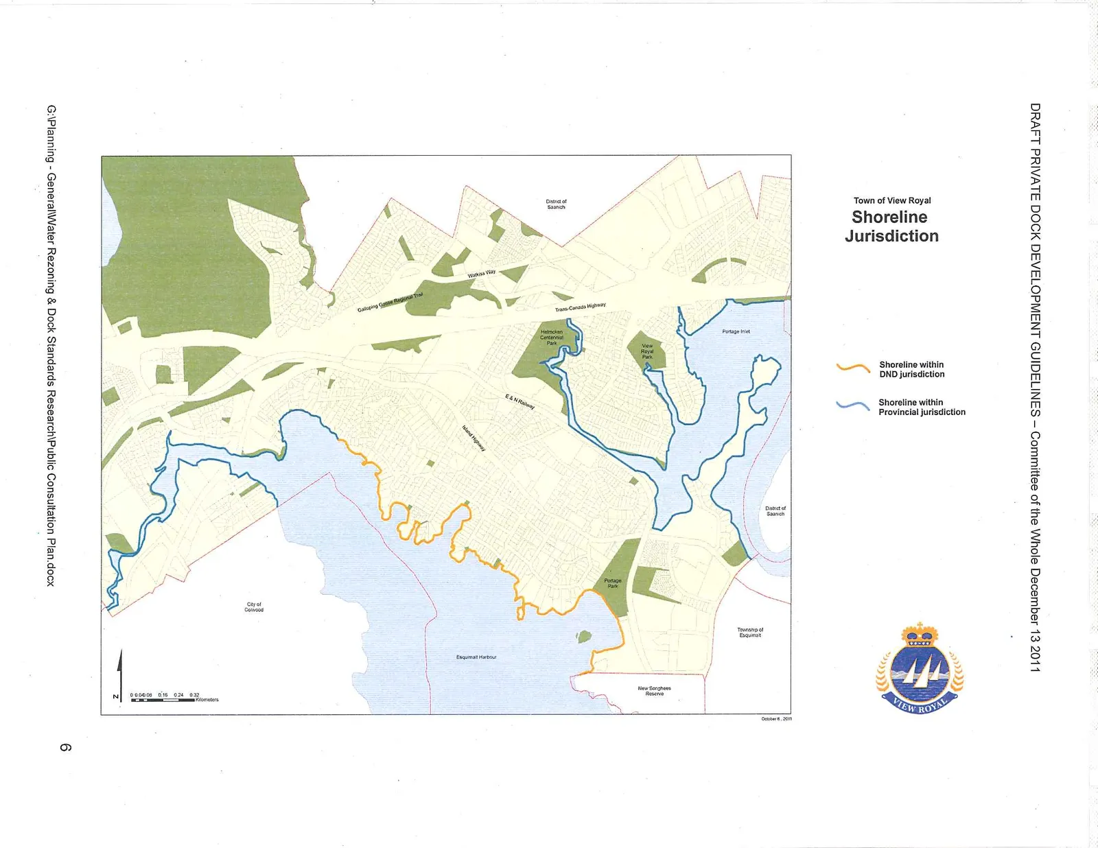 Map of the Town of View Royal Shoreline Jurisdiction illustrating shorelines under DND jurisdiction and Provincial jurisdiction, including surrounding municipalities and key landmarks.