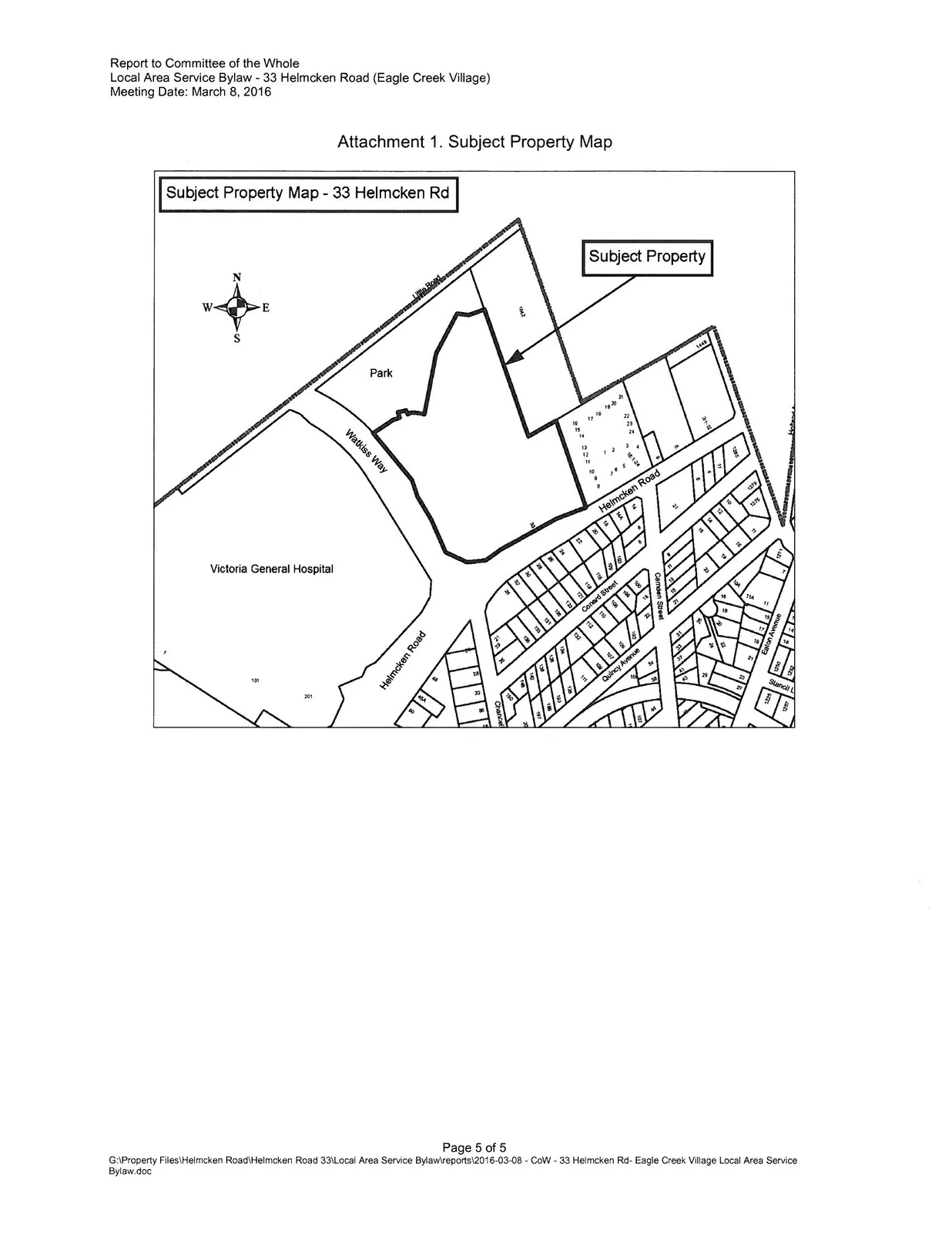 Subject Property Map - 33 Helmcken Rd showing the subject property parcel adjacent to Helmcken Road and Watkiss Way, with Victoria General Hospital and a park located nearby.