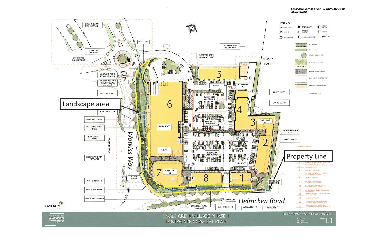 Eagle Creek Village Phase 1 Landscape Concept Plan showing numbered buildings 1 through 8, parking areas, plaza spaces, and surrounding streets Helmcken Road and Watkiss Way.