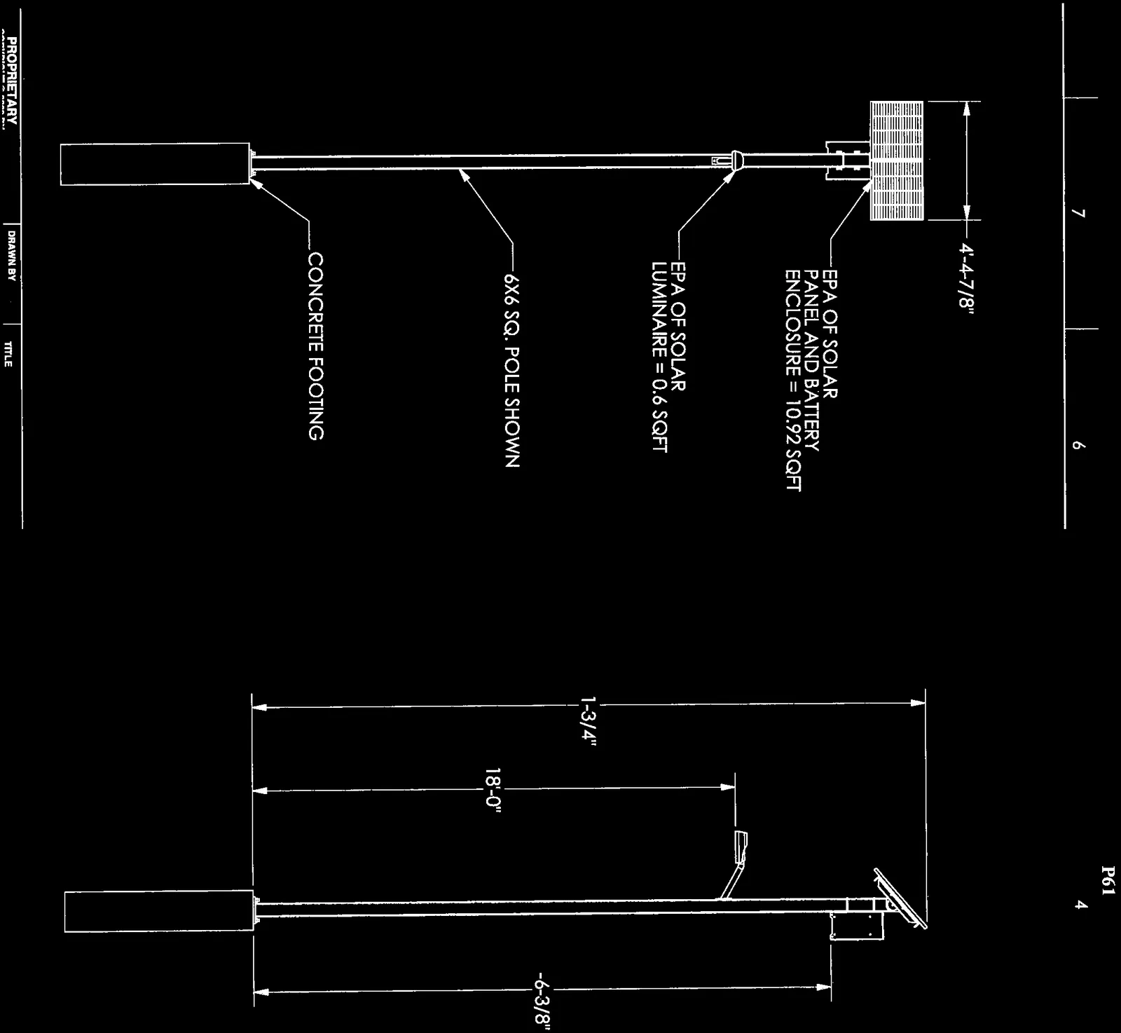 Elevation and perspective drawings of a solar-powered light pole assembly with component labels and dimensions