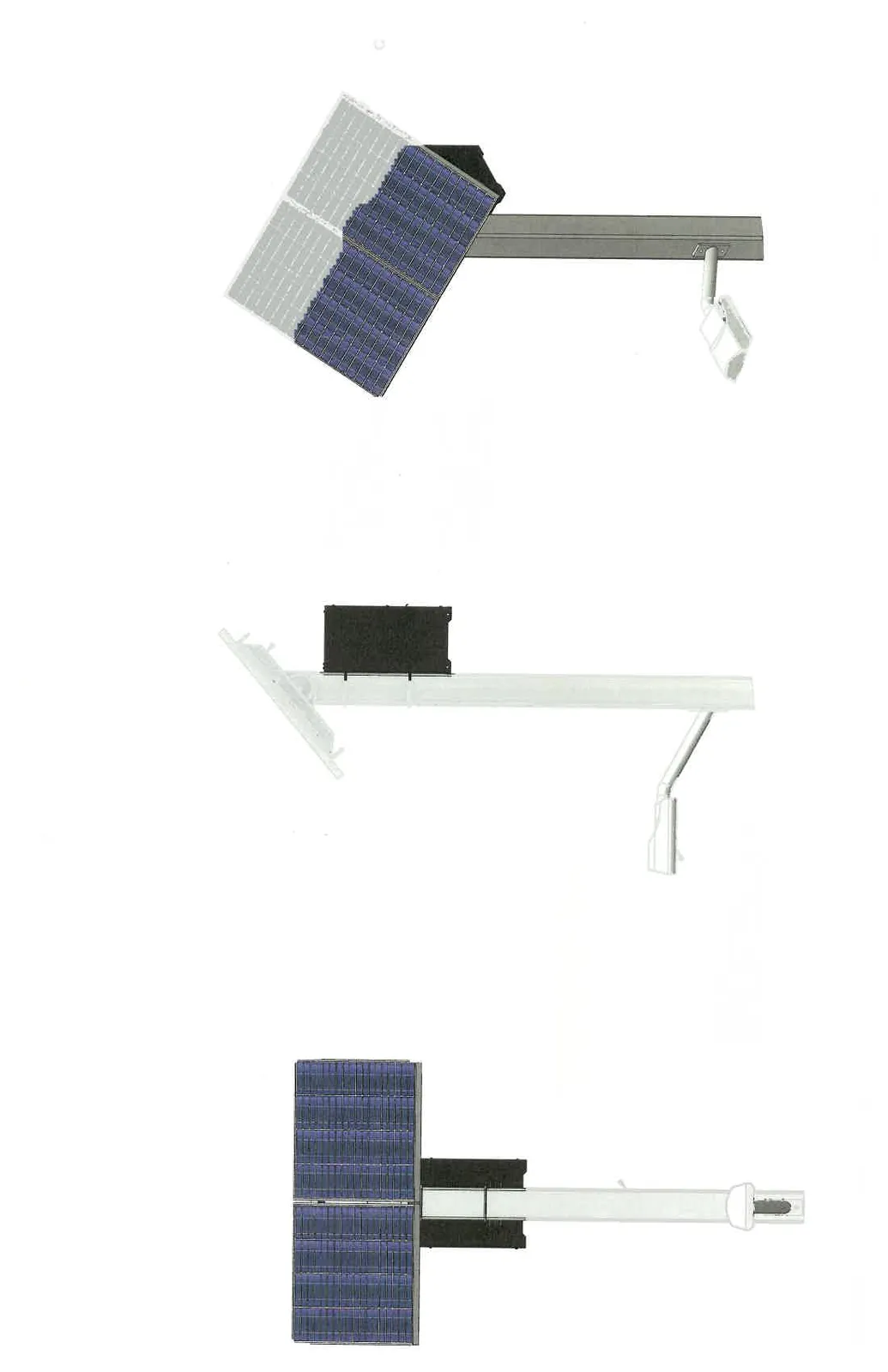 Detailed front, side, and isometric technical drawings of the upper pole assembly