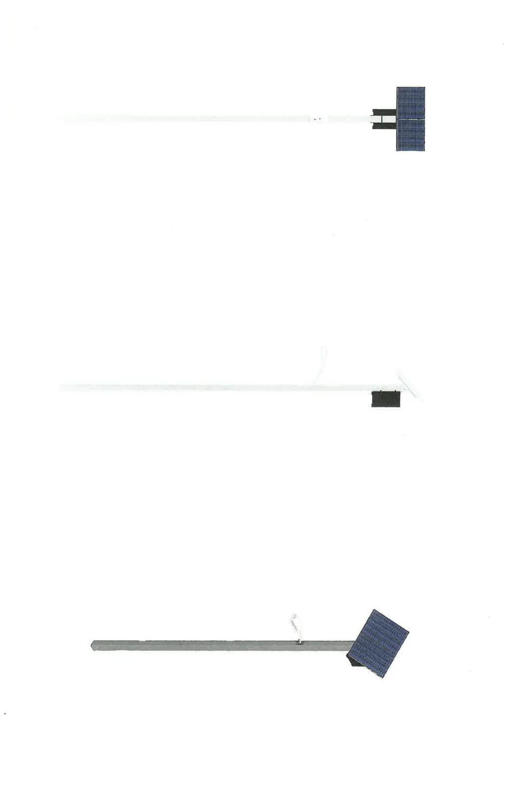 Simplified front, side, and isometric elevation drawings of the solar light pole assembly