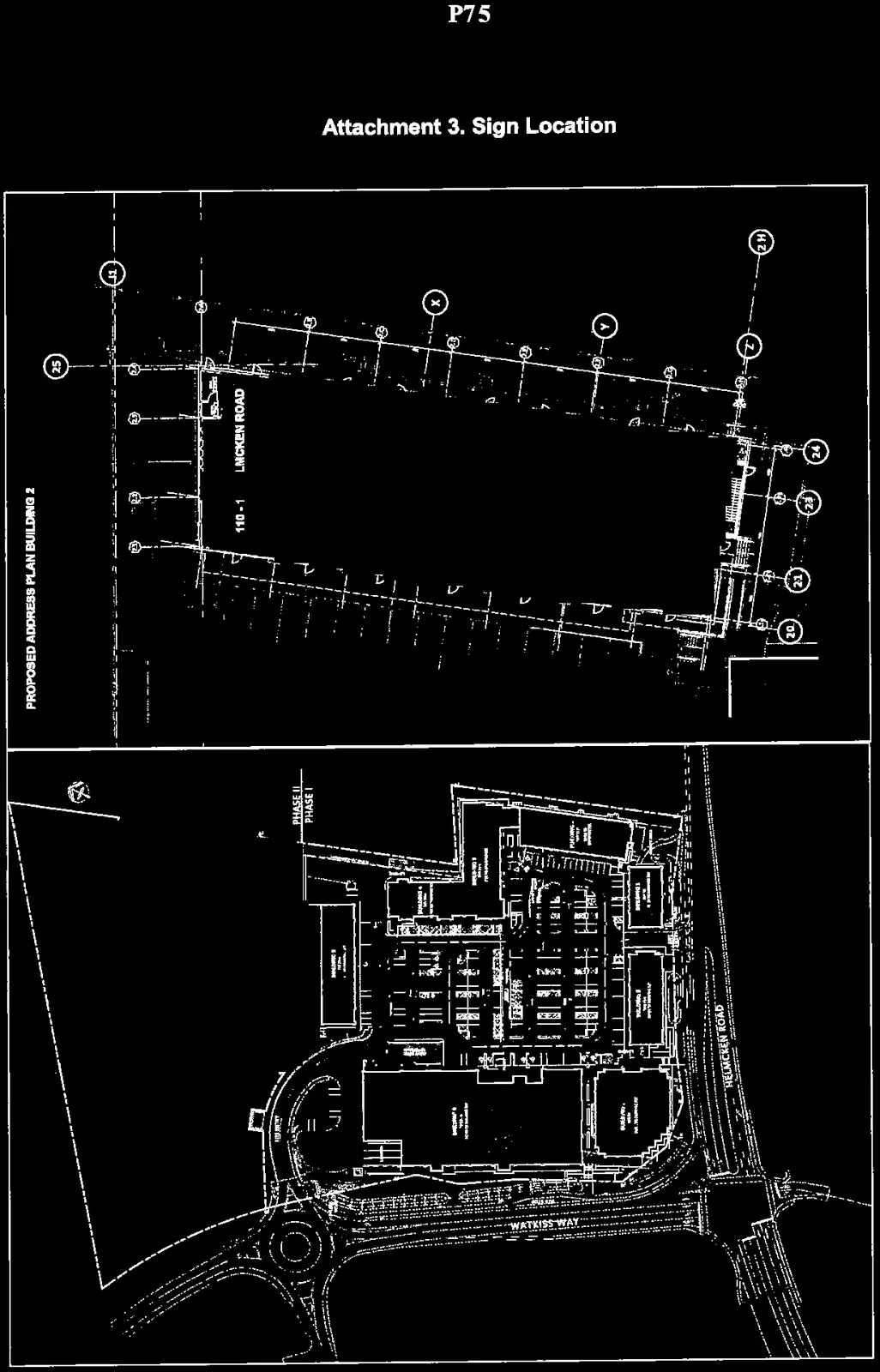 Sign Location diagrams including Proposed Address Plan for Building 2 and a site layout map relative to Watkiss Way and Helmcken Road
