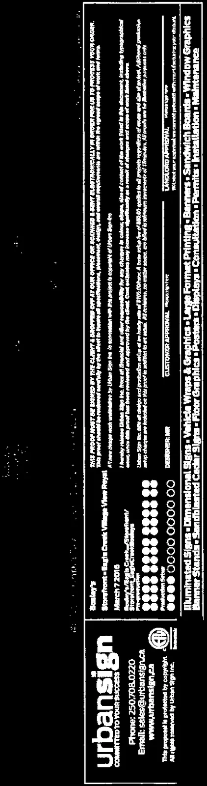 Urban Sign project information block for Bosley's storefront at Eagle Creek Village, View Royal dated March 7, 2016