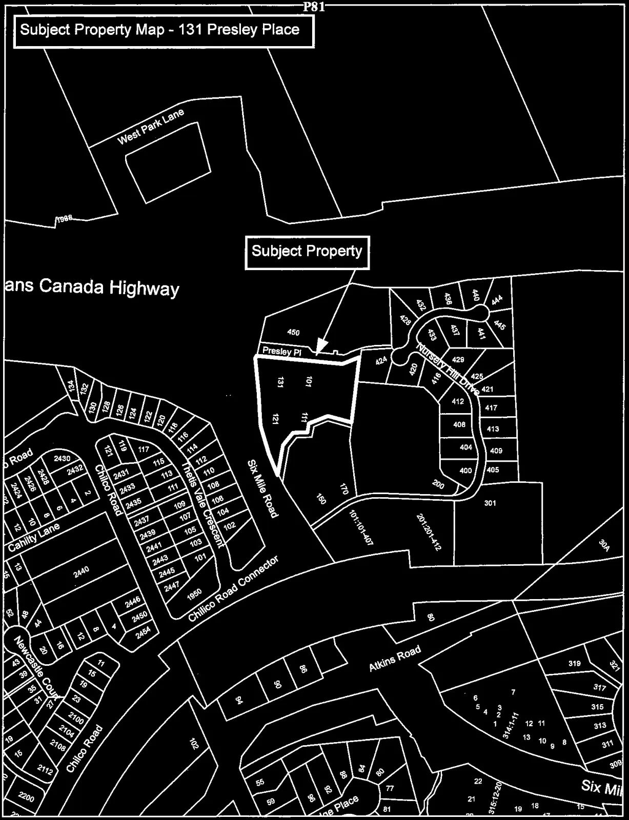 Detailed parcel map showing 131 Presley Place, surrounding lot numbers, and streets including Six Mile Road and Presley Place