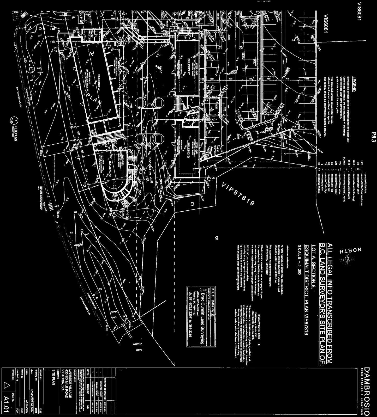 Site plan legend, survey notes, and legal information for Lot A, Section 6, Esquimalt District
