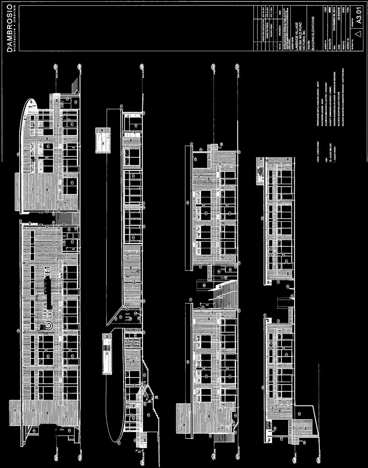 Close-up elevation of Building A showing the proposed "Urban Ground Market" sign placement