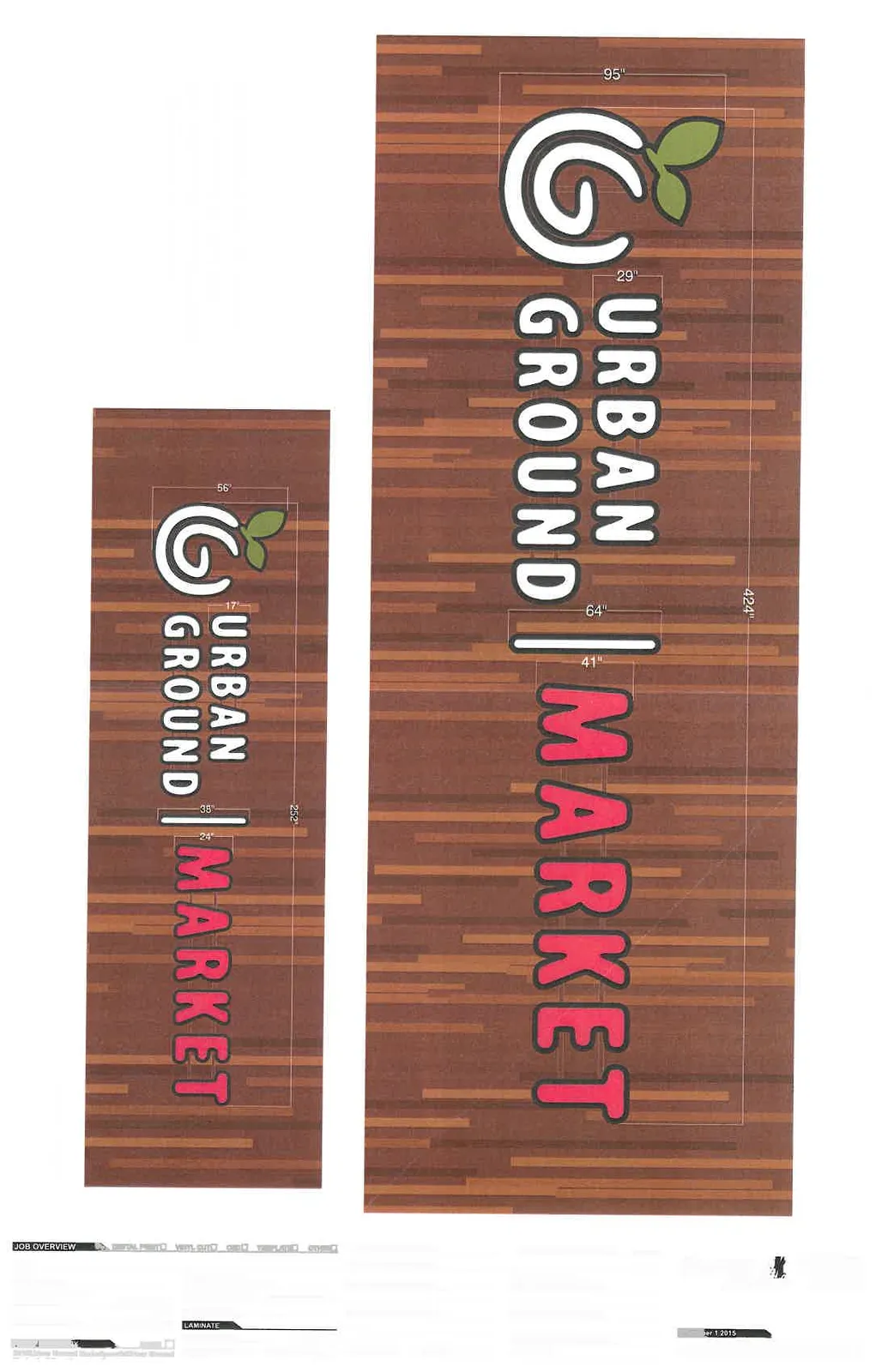 Scaled design renderings for the "Front Sign" (424" x 95") and "Back Sign" (252" x 56") for Urban Ground Market