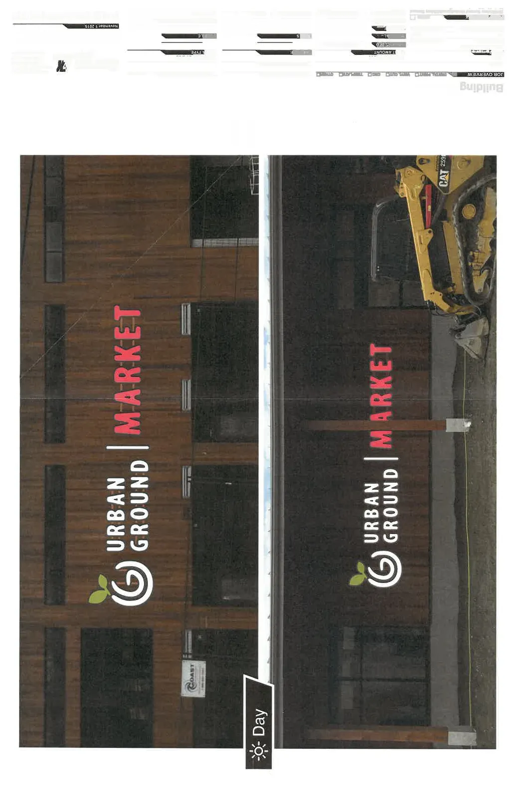 Daylight photo renderings showing the proposed signage installed on the building facade for both the front and back locations