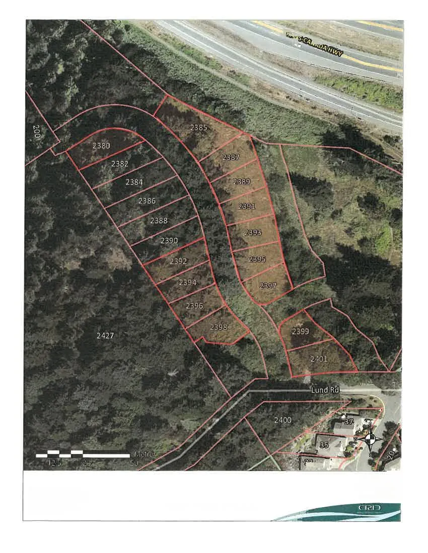 Aerial orthophoto map showing subject property lots numbered 2380 through 2401 on Lund Road, with the Trans-Canada Highway visible at the top of the frame