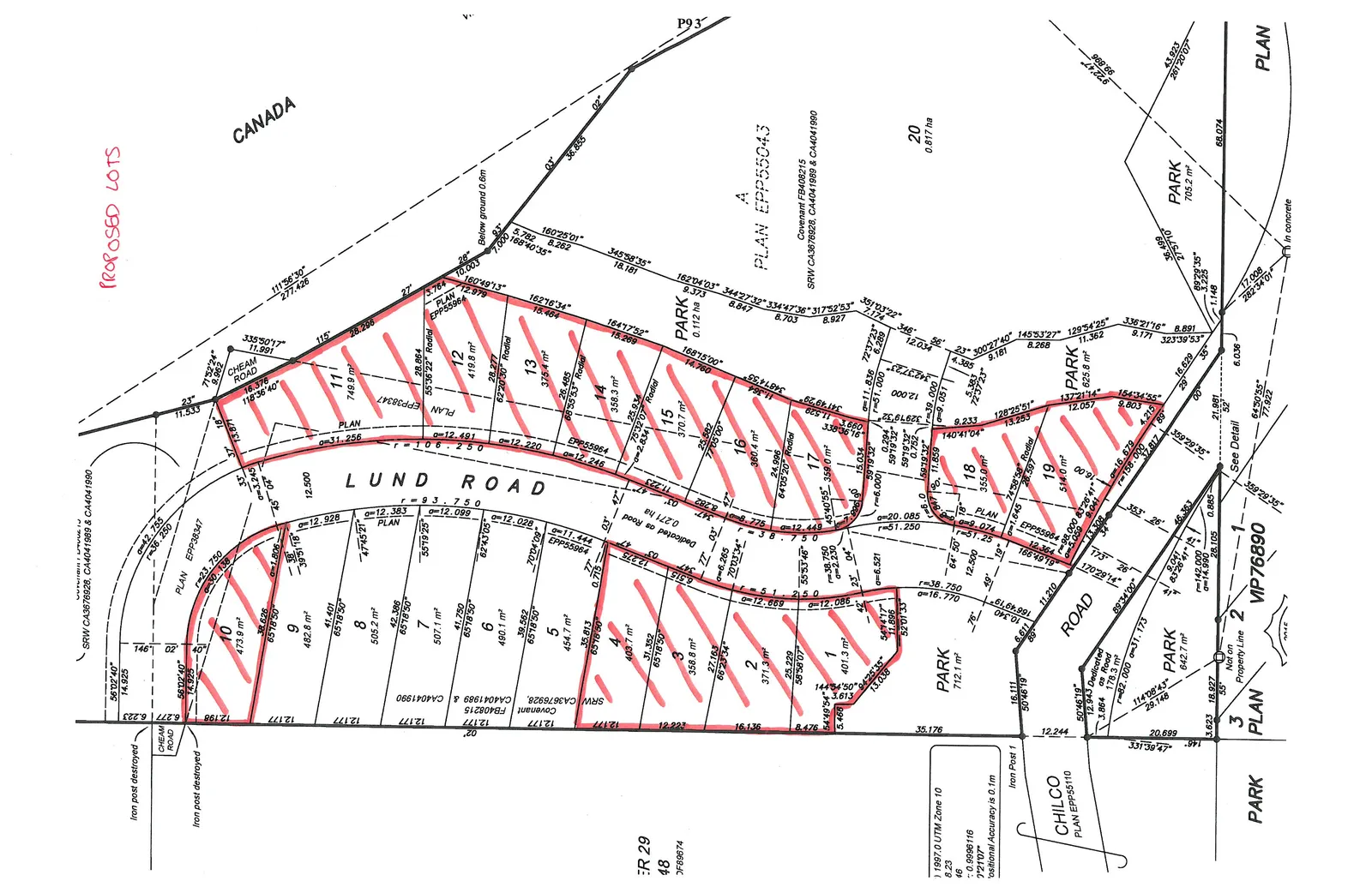 Subdivision plan map titled "PROPOSED LOTS" illustrating lots 1 through 19 along Lund Road, showing lot areas in square meters, road dedications, and adjacent park areas