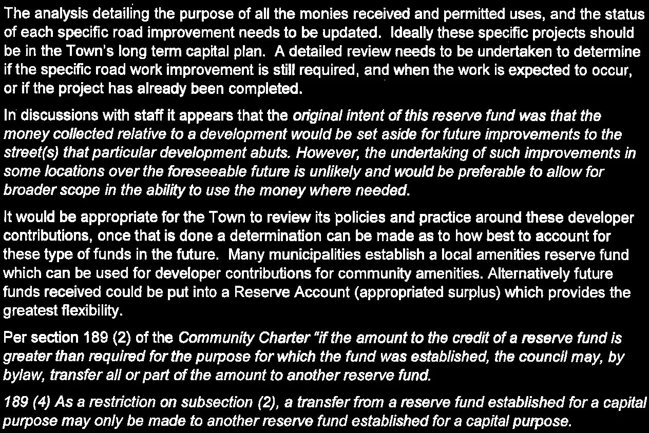 Analysis and recommendations regarding the Road Bonds reserve