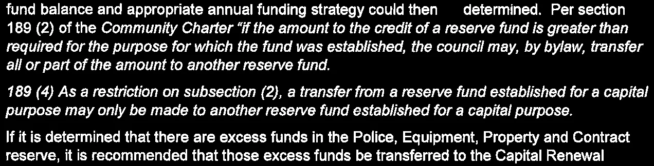 Staff recommendation regarding excess funds in the Police reserve