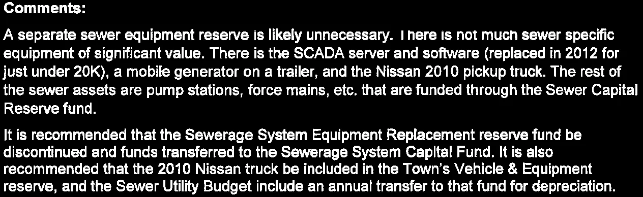 Staff recommendation for Sewerage System Equipment Replacement reserve