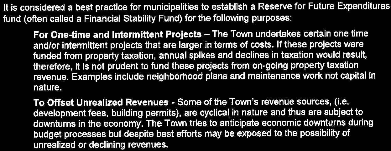 Purposes for establishing a Reserve for Future Expenditures