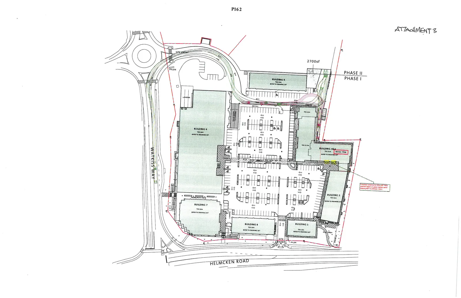Site plan for Eagle Creek Phase I and II development. A red box highlights the Dollar Tree location in Building 3&4.