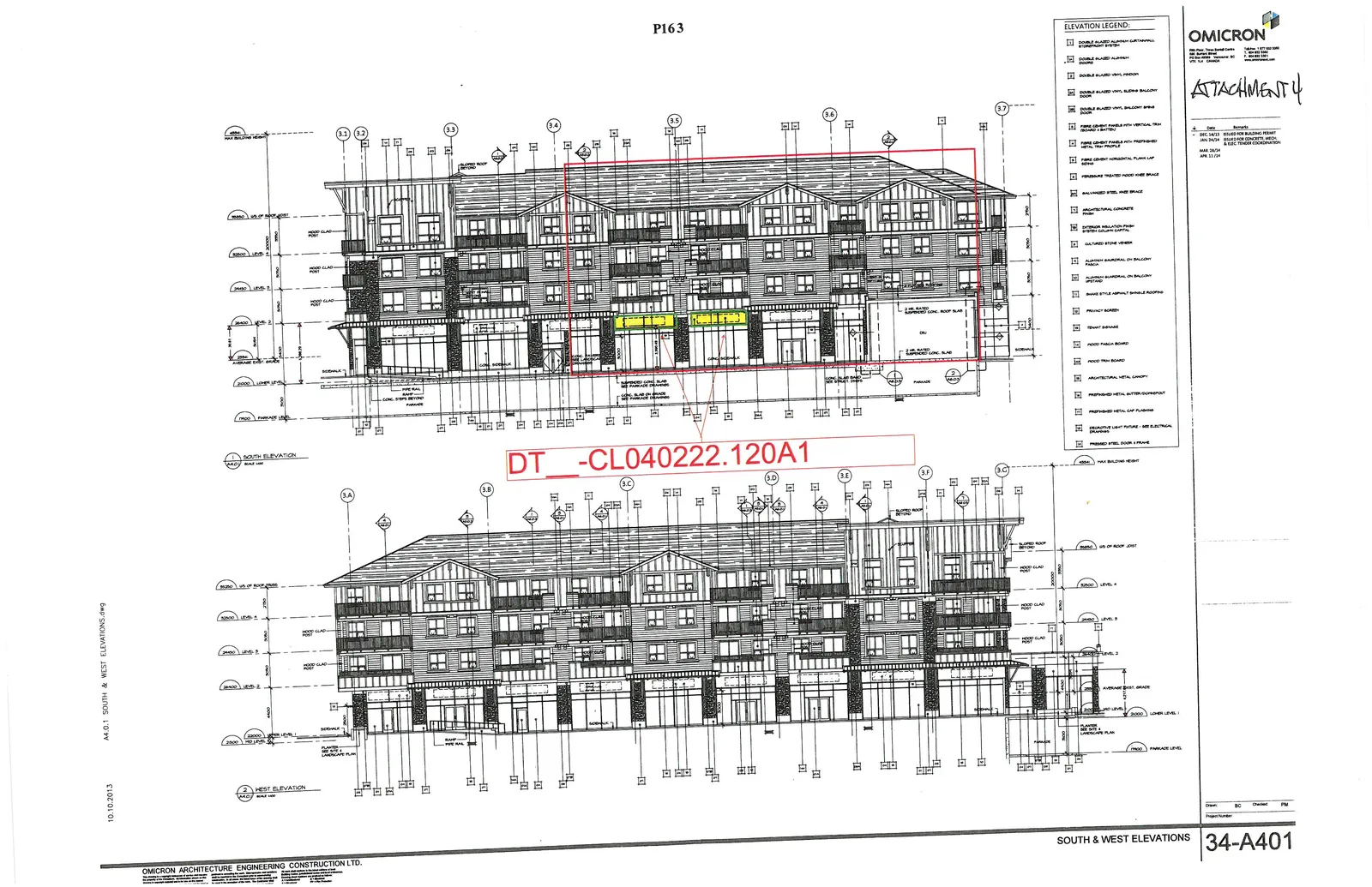 South and West Elevation architectural drawings for the development. A red box on the South Elevation indicates the location of the proposed Dollar Tree sign on the storefront.