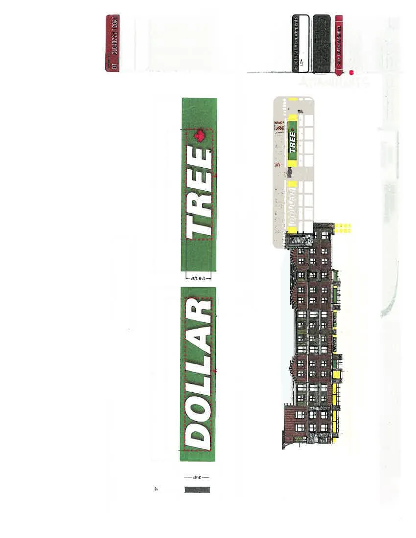 Technical sign design drawing showing dimensions, materials, and area calculations for the DOLLAR TREE signage.