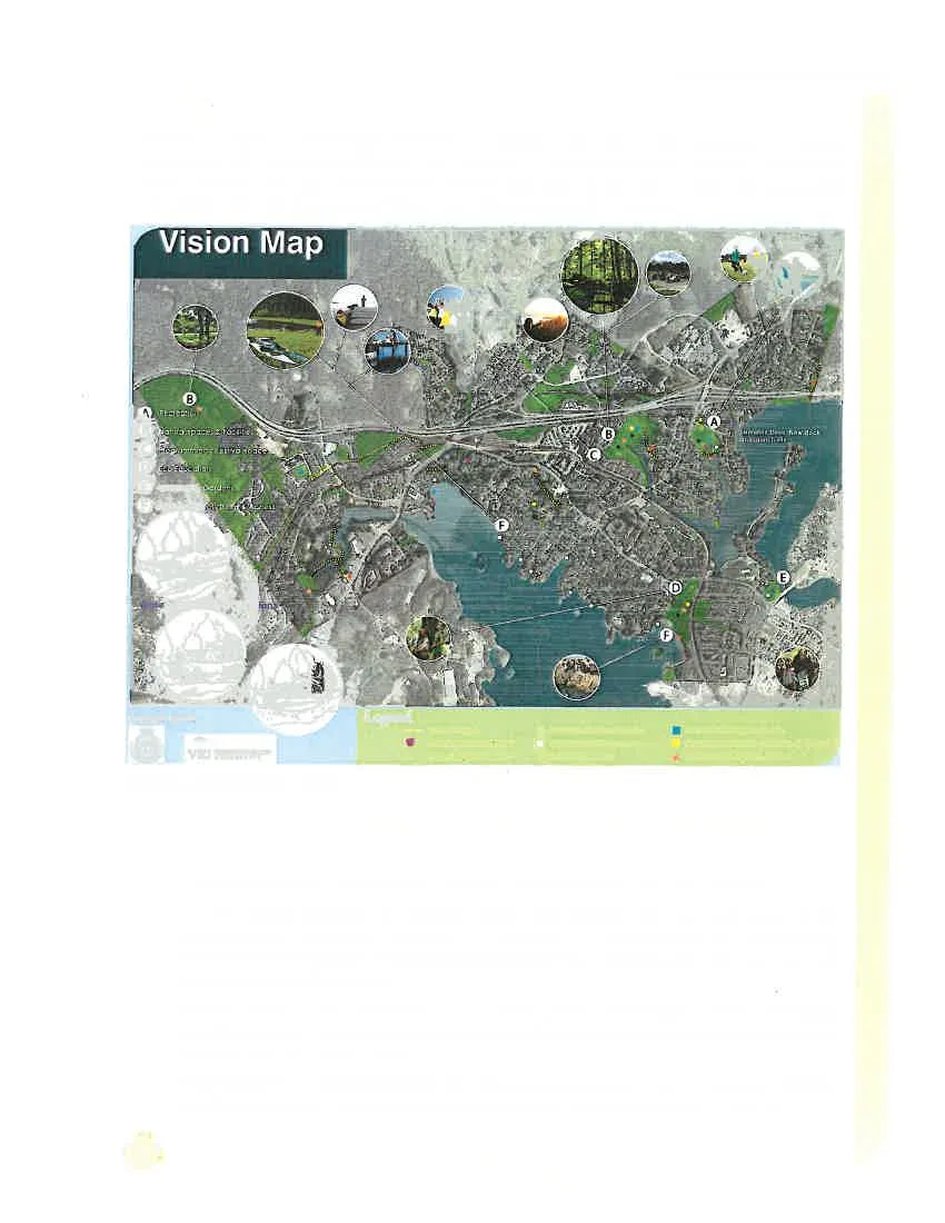Vision Map showing locations of park facilities and potential improvements across View Royal with an overlay of photos representing various park activities
