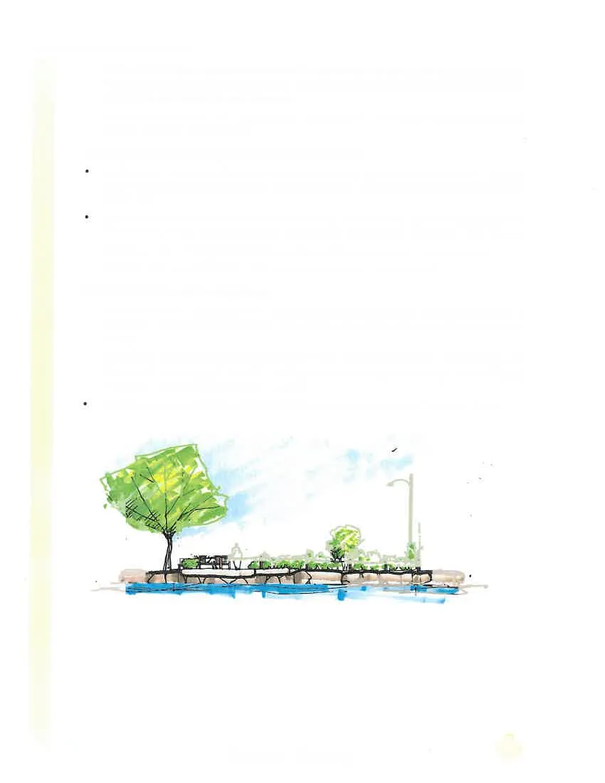 Artistic sketch of a riverside park area with trees, shrubbery, and a single lamppost