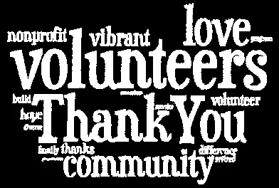 Word cloud featuring terms like "Volunteers", "Thank You", "Community", and "Service"
