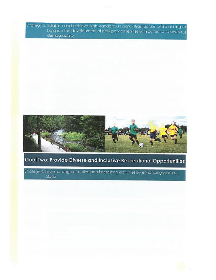 Collage: a photo of a wooden boardwalk through greenery, and a photo of children playing soccer on a field