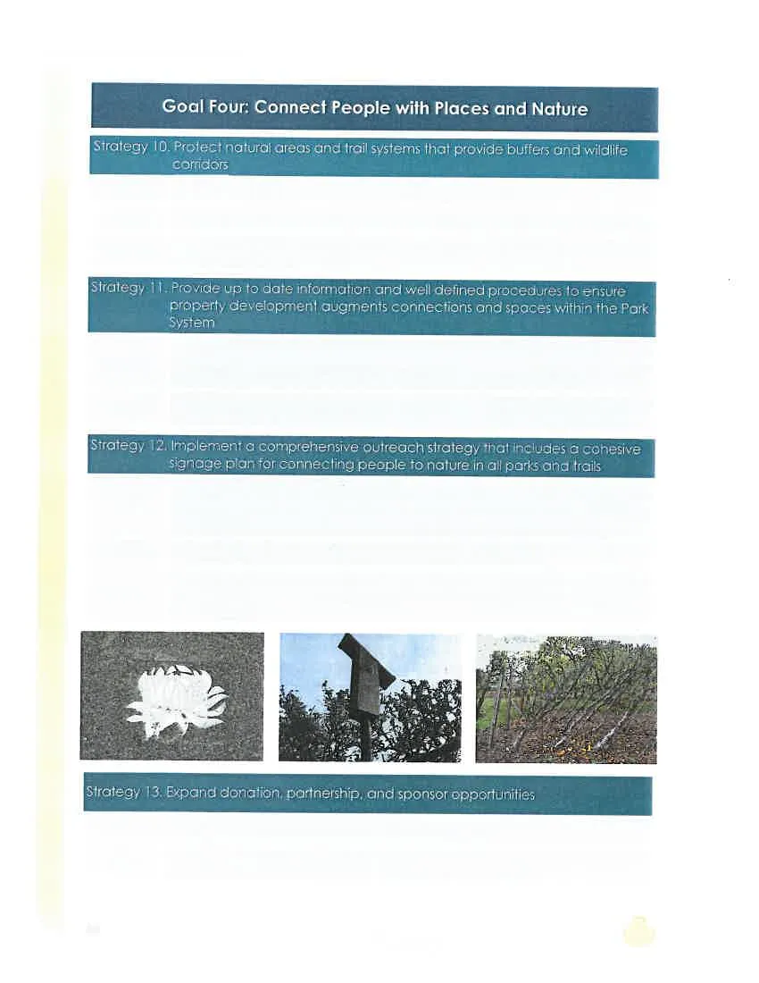 Collage: photo of a white water lily, a wooden nest box on a pole, and fruit trees