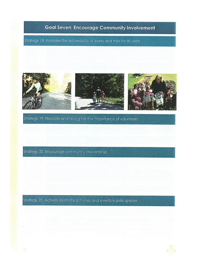 Collage: photo of a woman cycling on a road, a photo of people walking on a trail, and a photo of children in a meadow