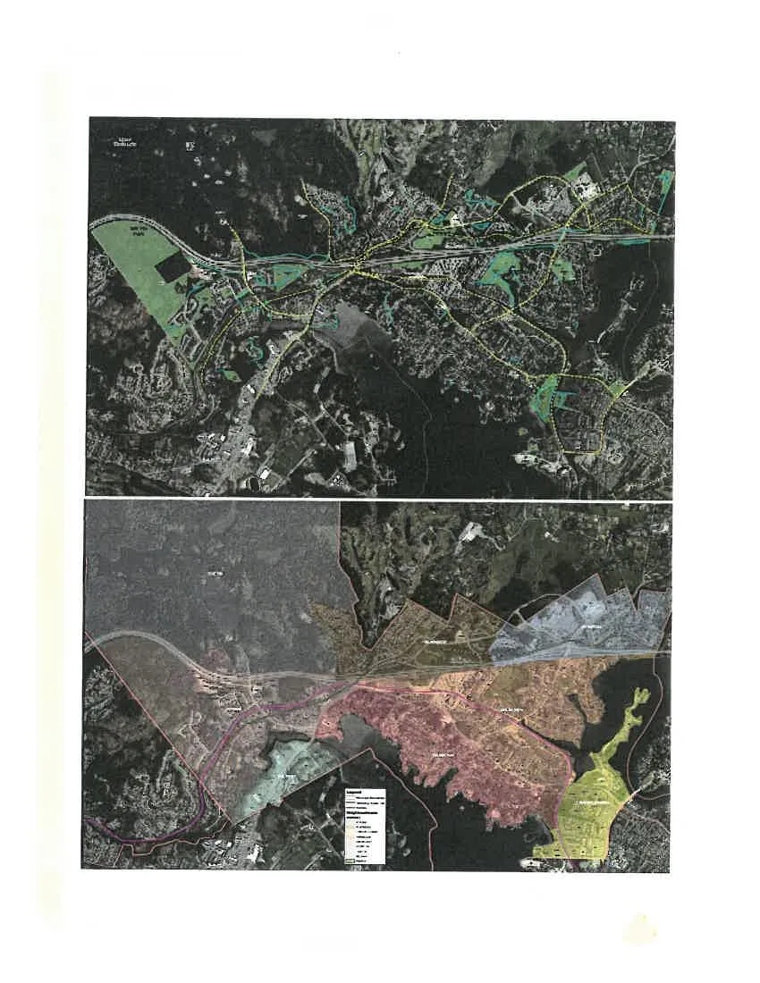 Two aerial maps of View Royal, one showing the current park system and another showing local planning areas
