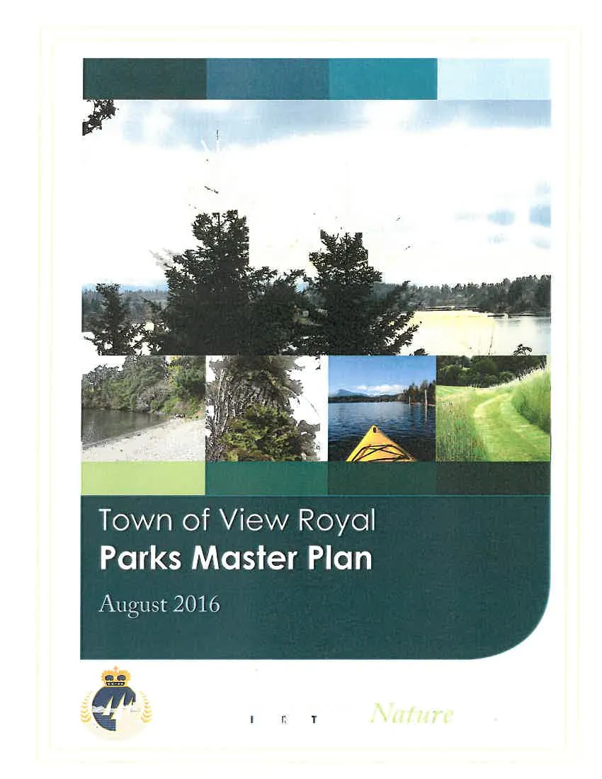 Cover page with collage of photos showing forested shorelines, a yellow kayak on calm water, and a grassy trail