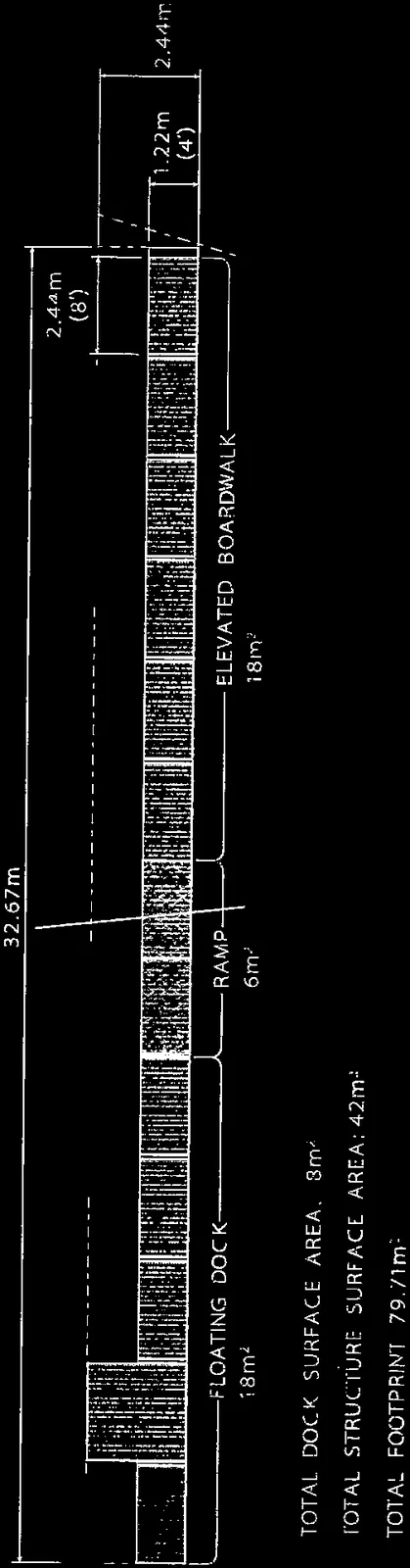 Plan view of the dock structure illustrating the layout of the elevated boardwalk, ramp, and floating dock sections