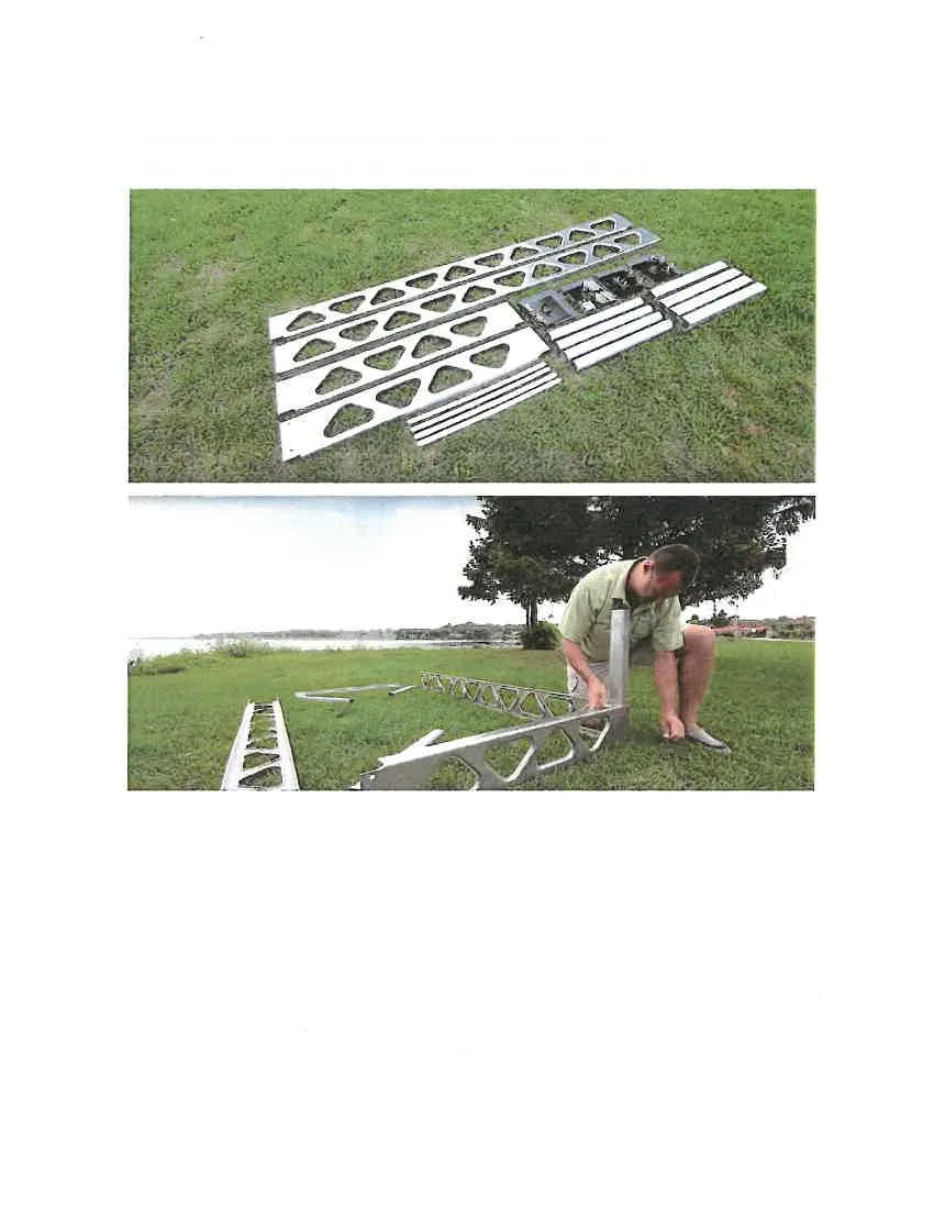 Two photos: Top photo shows the modular dock kit components laid out on grass; bottom photo shows a person assembling a metal frame segment.