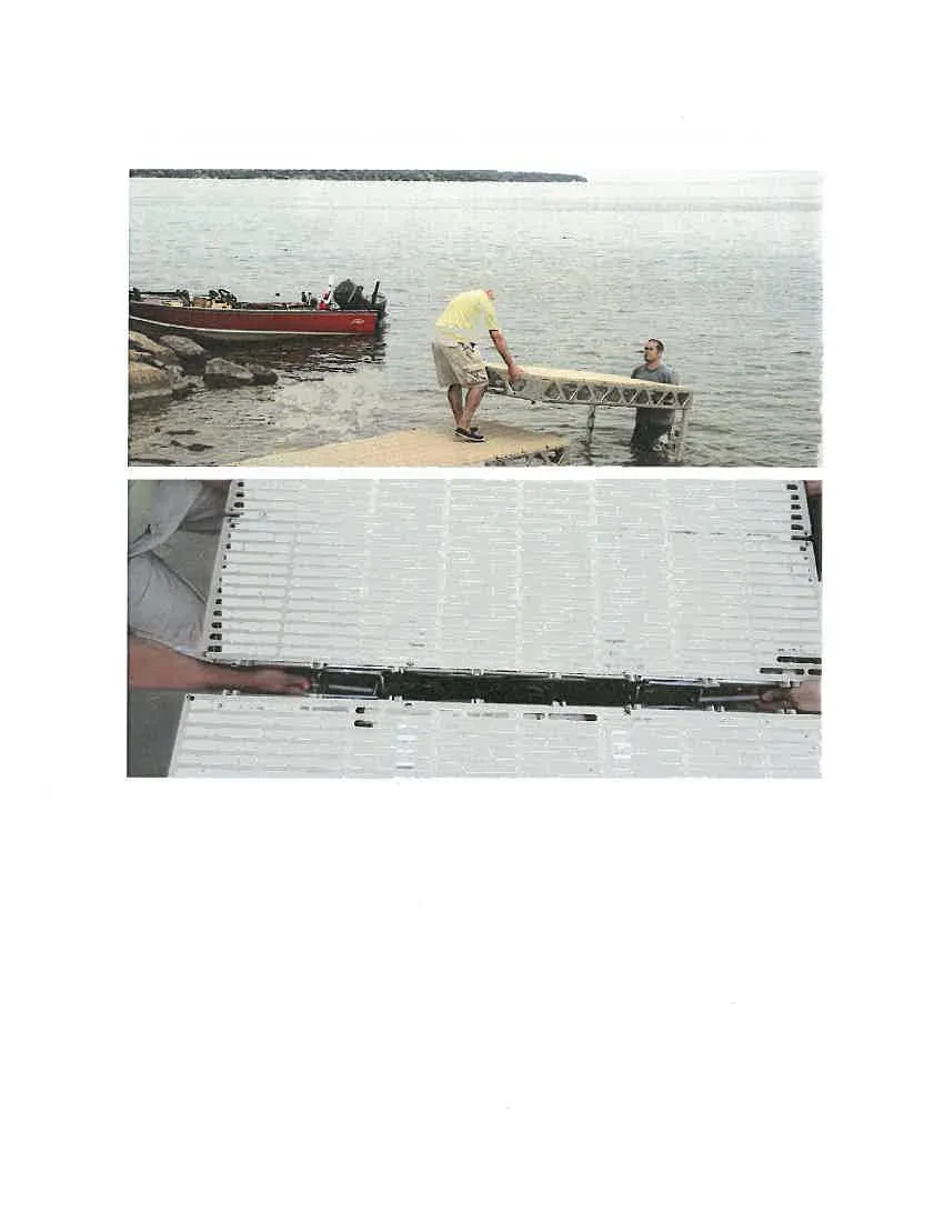 Two photos: Top photo shows two people launching a dock module into the water near a red boat; bottom photo is a close-up of the non-slip metal grating surface.