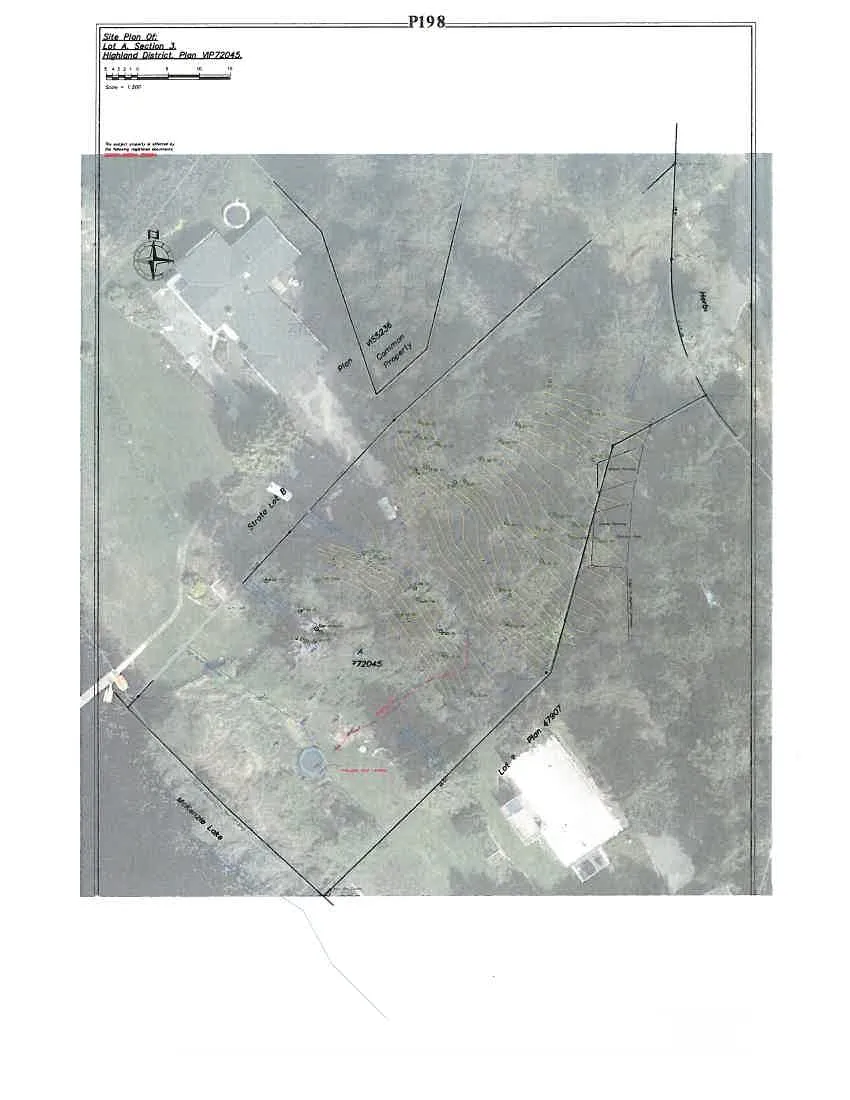 Aerial photograph of the subject property with site plan lines and topographical contours overlaid.