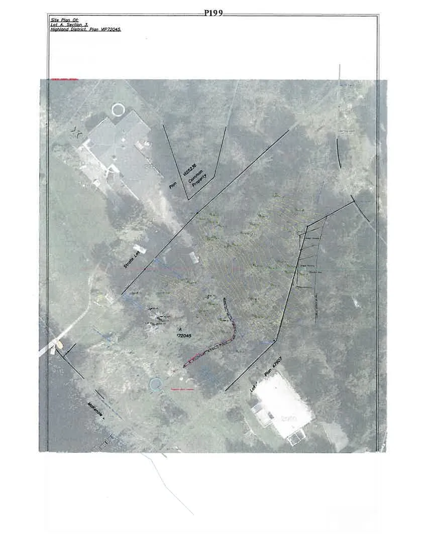 Aerial photograph overlay highlighting a trail path leading from the proposed development area to the dock site on McKenzie Lake.