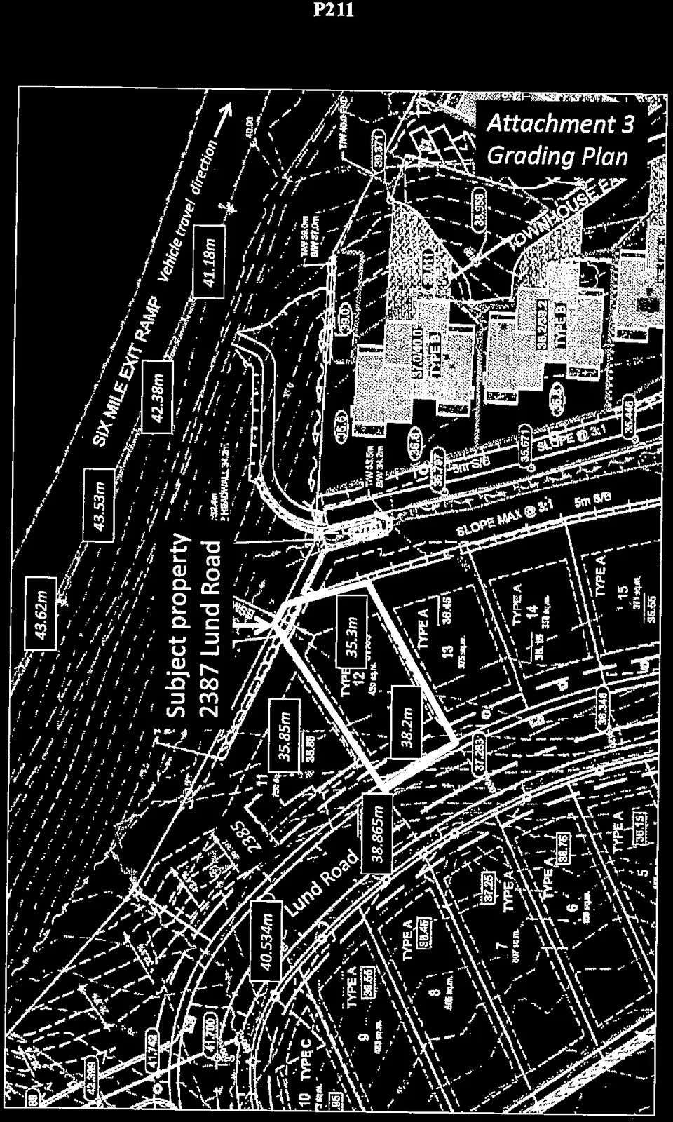 Detailed grading plan map for the 2387 Lund Road area including geodetic grades, vehicle travel directions, and proposed house types for lots 5 through 15