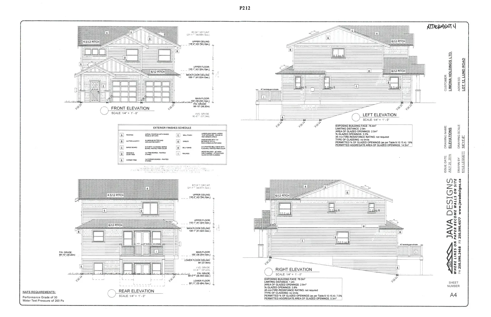 Architectural drawings for Lot 12, Lund Road, showing front, left, rear, and right elevations, including ceiling heights and grade levels