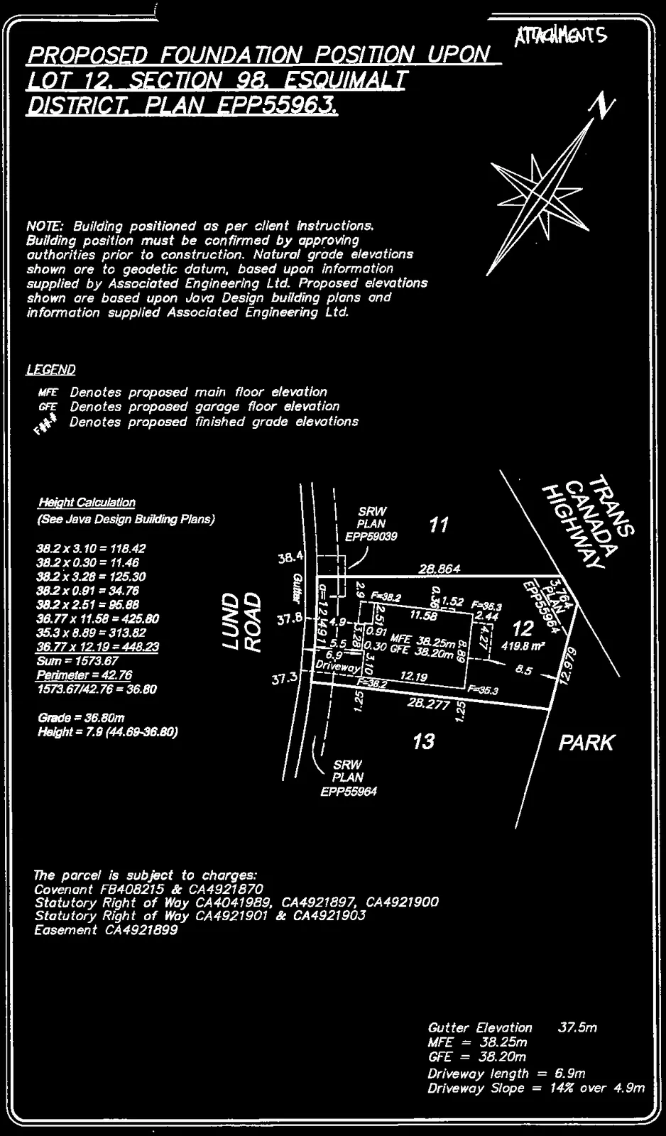 Site plan map for Lot 12 showing proposed foundation position, driveway details, and setbacks