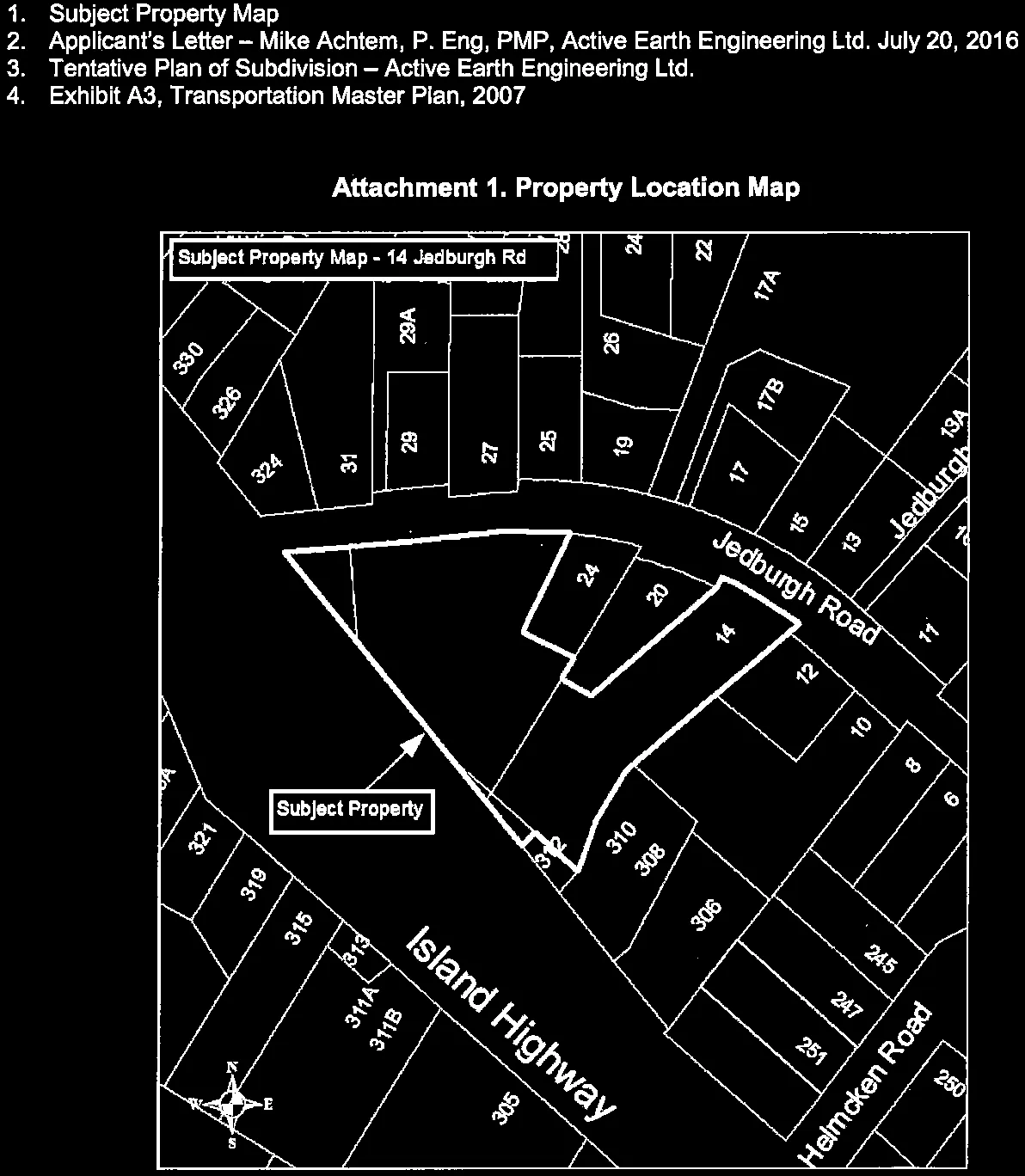 Subject Property Map for 14 Jedburgh Rd showing surrounding lots and nearby streets including Island Highway and Helmcken Road