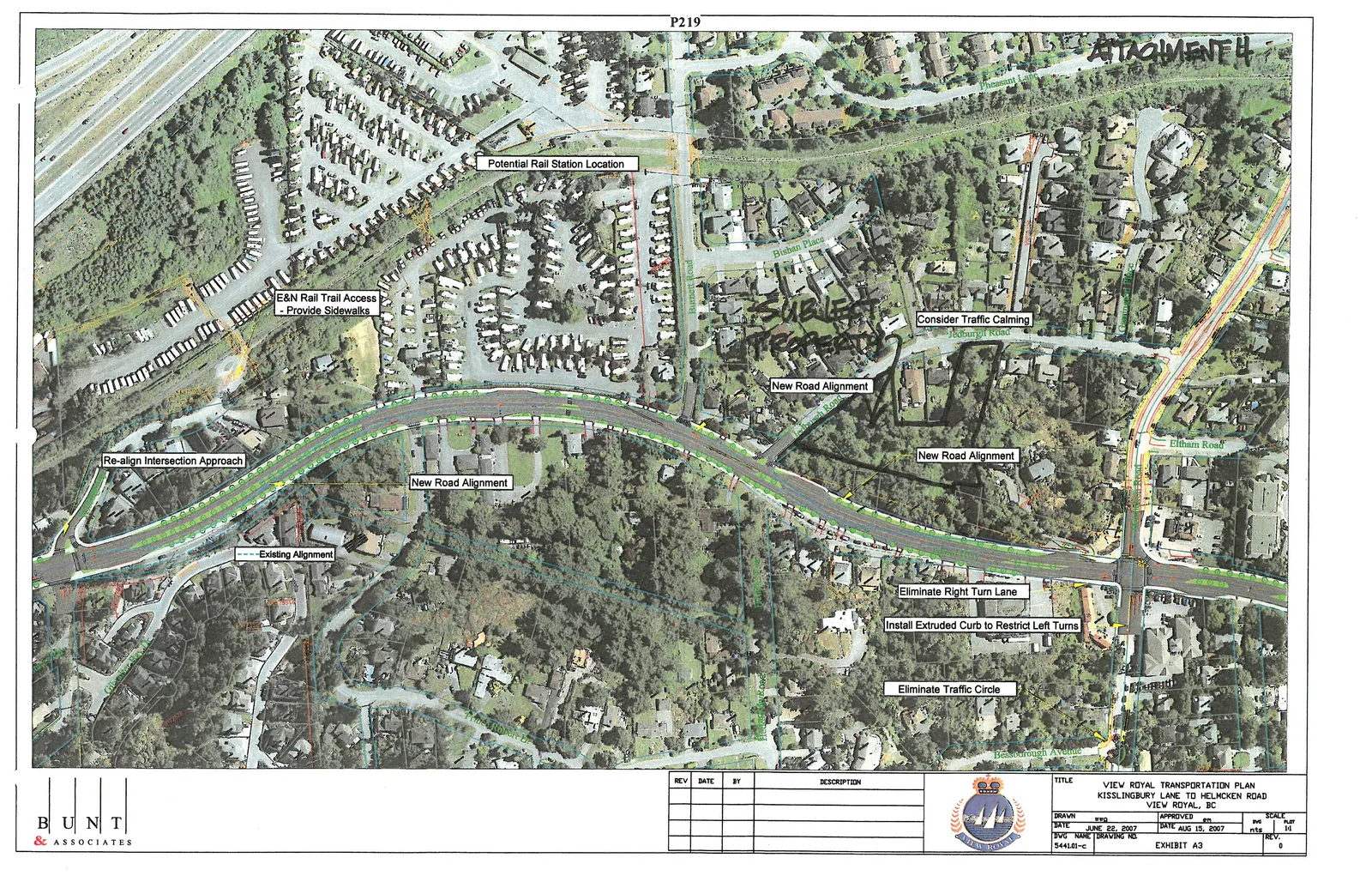 Aerial view map titled View Royal Transportation Plan: Kissingbury Lane to Helmcken Road, showing planned road realignments and infrastructure changes